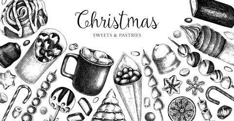 Christmas food background. Christmas market design template. Hand-drawn vector illustration. Hot drinks, candies, cookies, pastries sketches. Winter holiday menu. Sweet food vintage banner